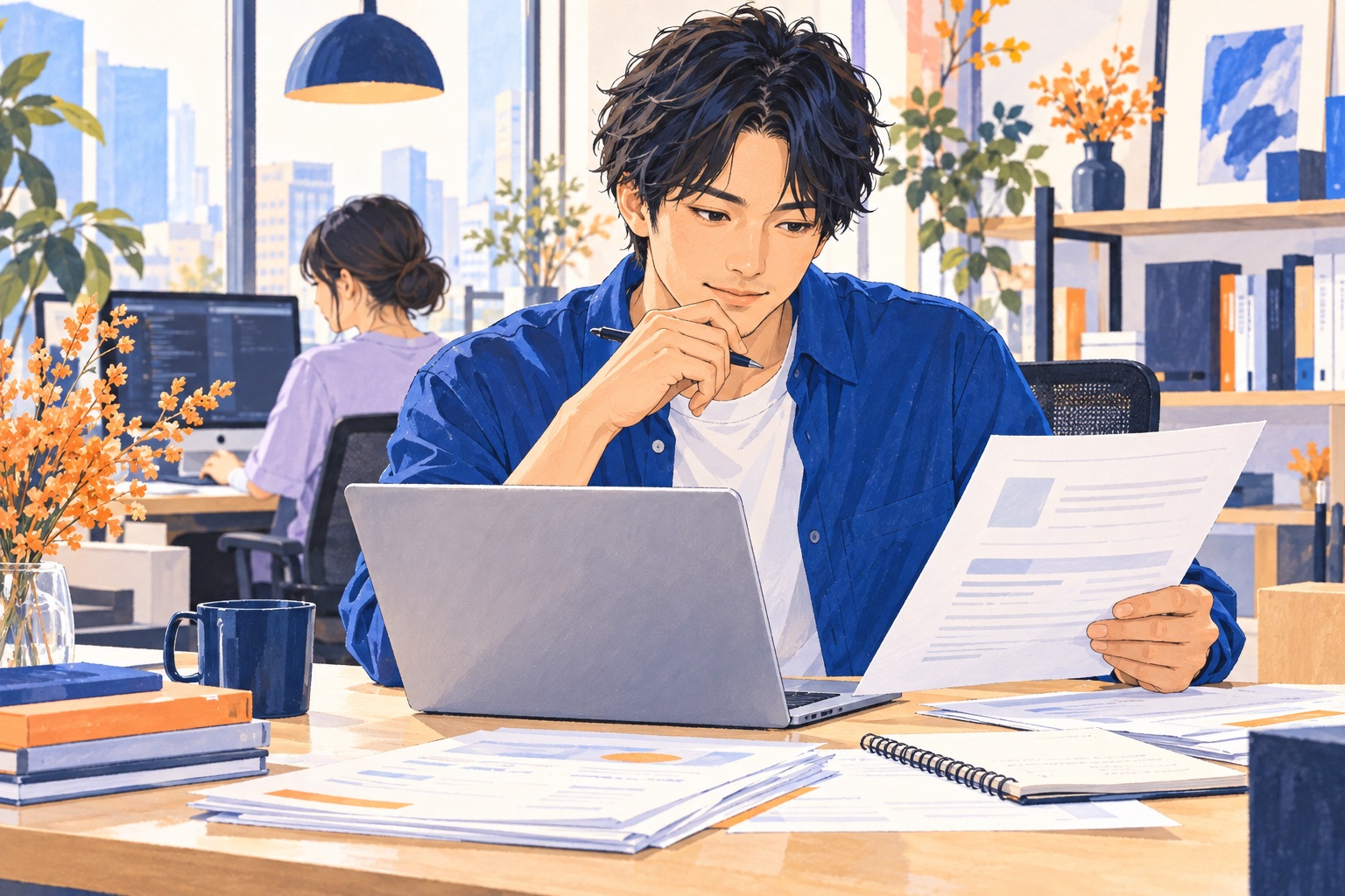 求人情報を見ながら仕事内容を整理するエンジニアのイラスト
