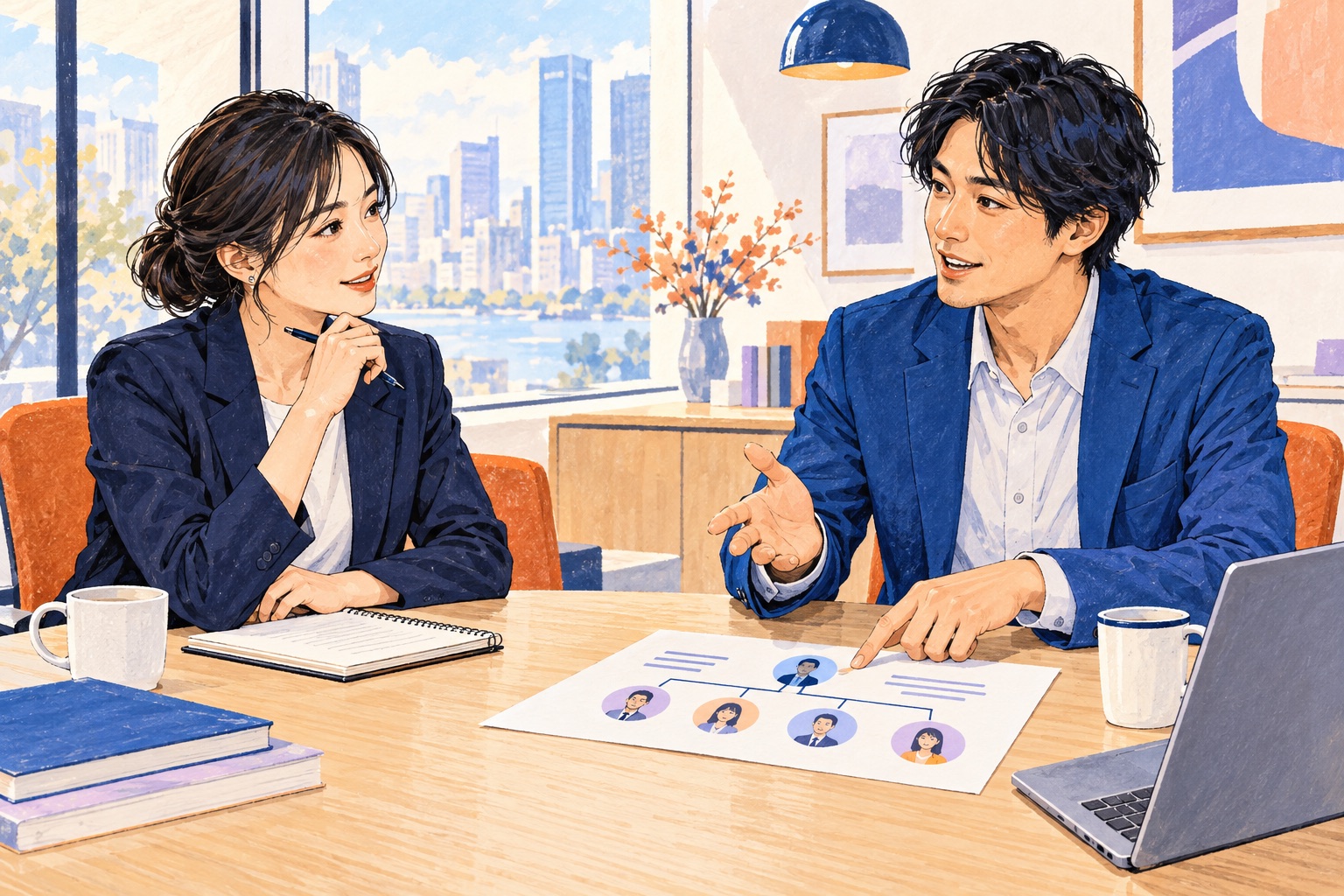 仕事内容について面接で話し合う二人のイラスト