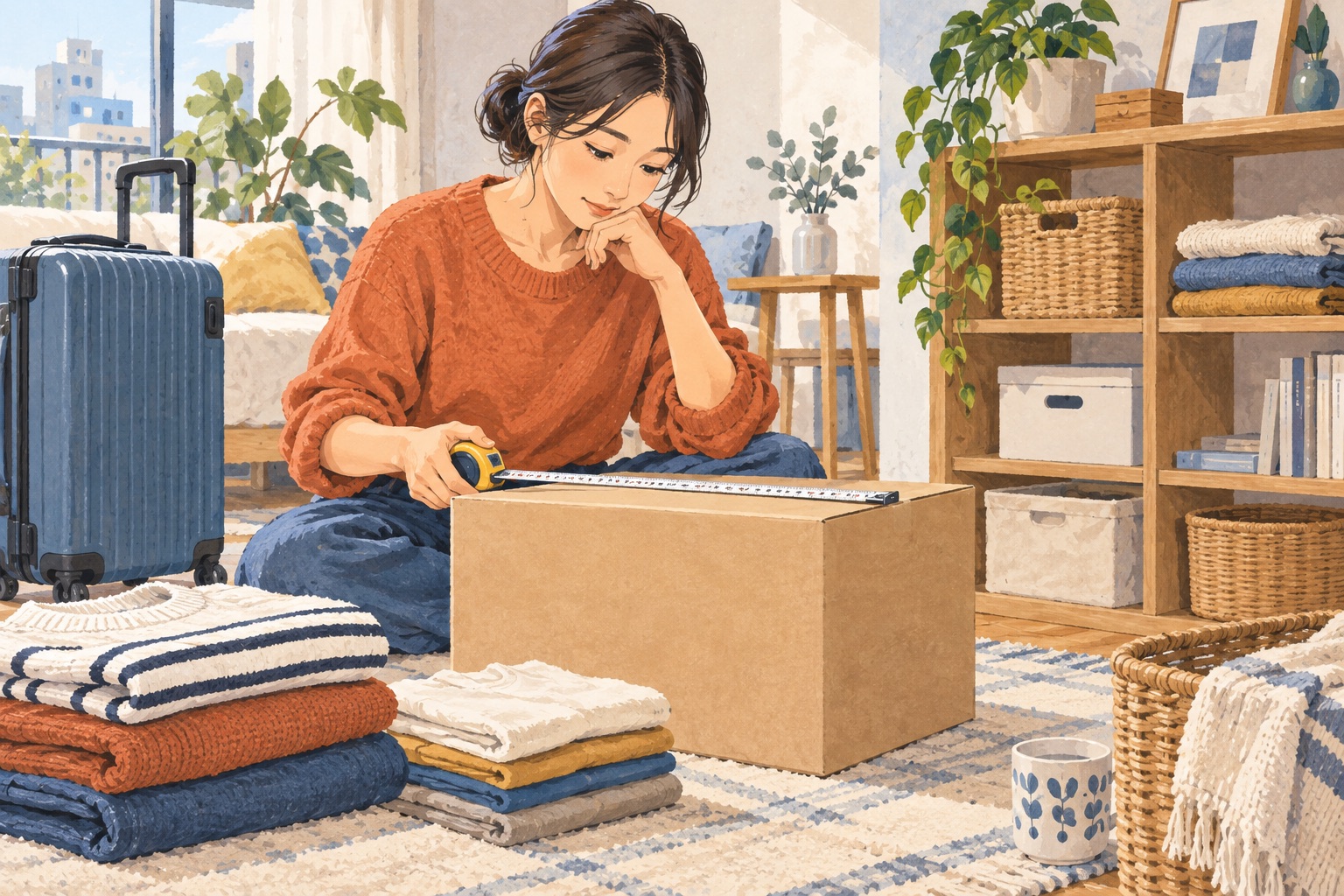 段ボールの寸法を測る女性のイラスト