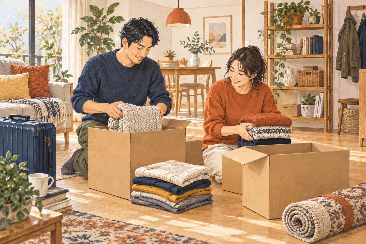 衣類や箱をまとめて預ける準備のイラスト